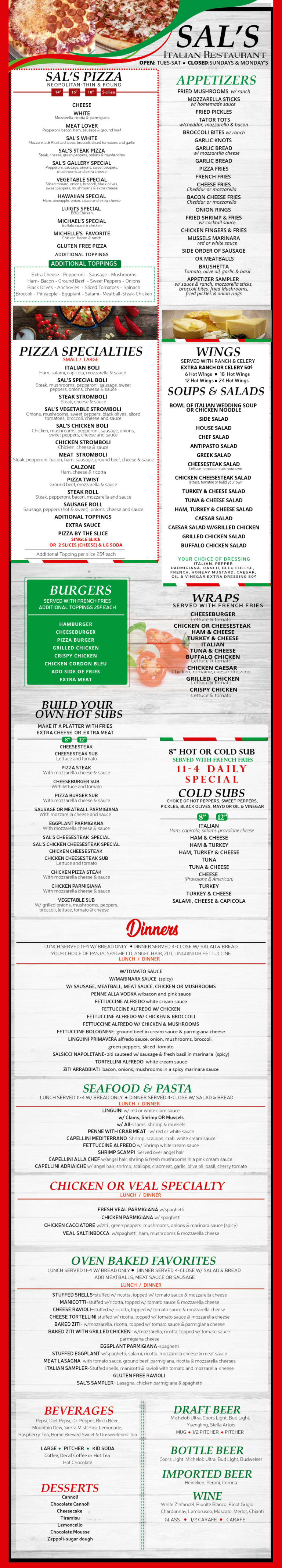 Shals Menu Menu | Sal’s Italian Restaurant